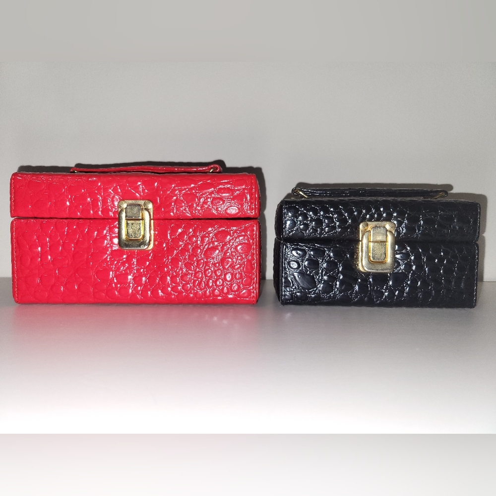 Vintage Faux Crocodile Pattern Black Medium and Red Small Train Cases